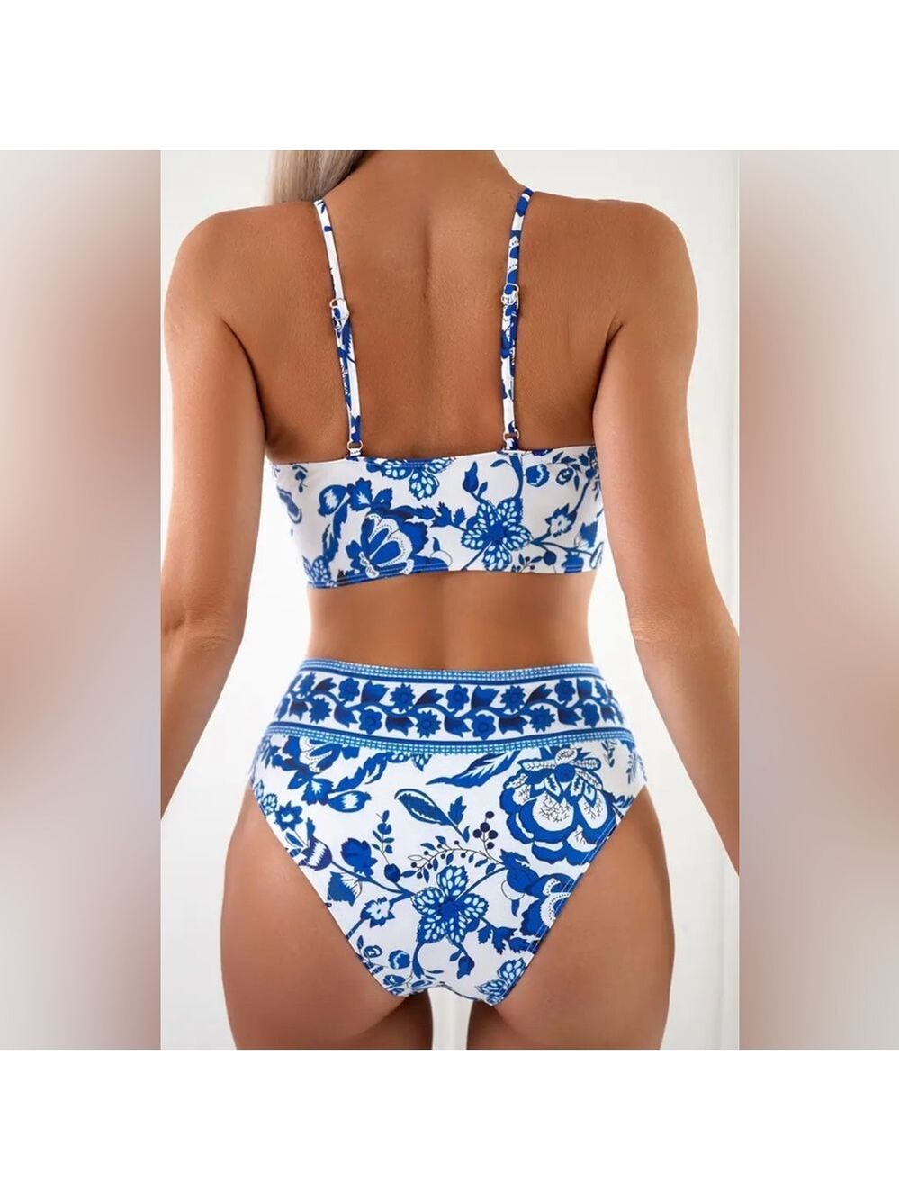 Blue Floral V Neck High Waisted Bikini Set - Picture 6 of 8